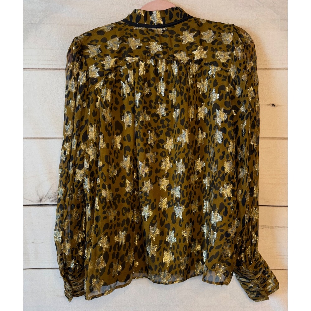 Ciebon Womens Leopard Gold Metallic Star Tie Neck Blouse Green Black Size M - Picture 5 of 5